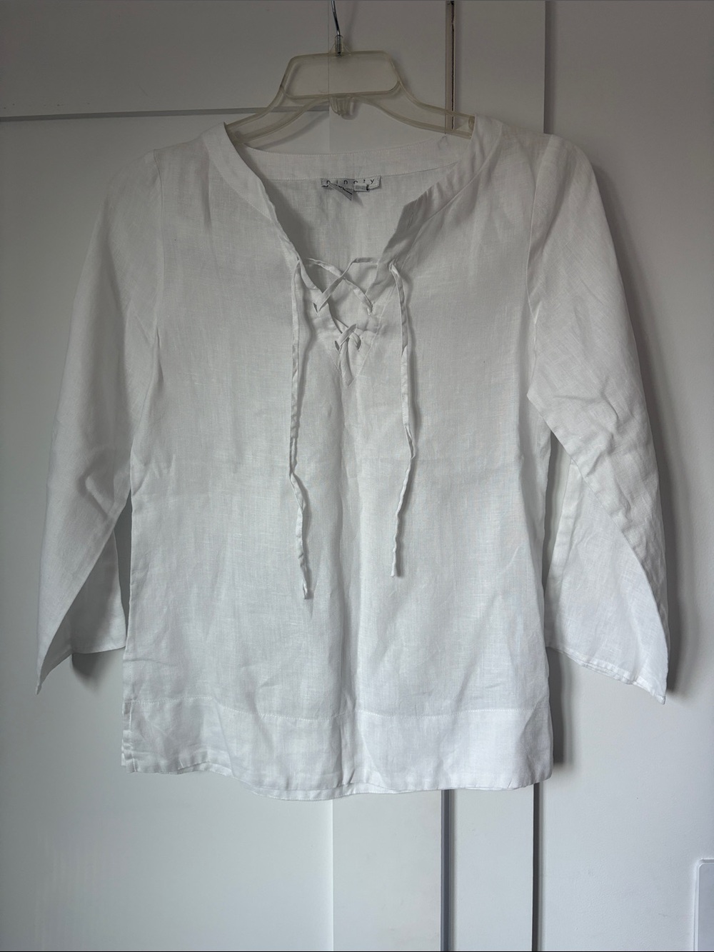 Ninety White Linen Lace-Up V-Neck Blouse
